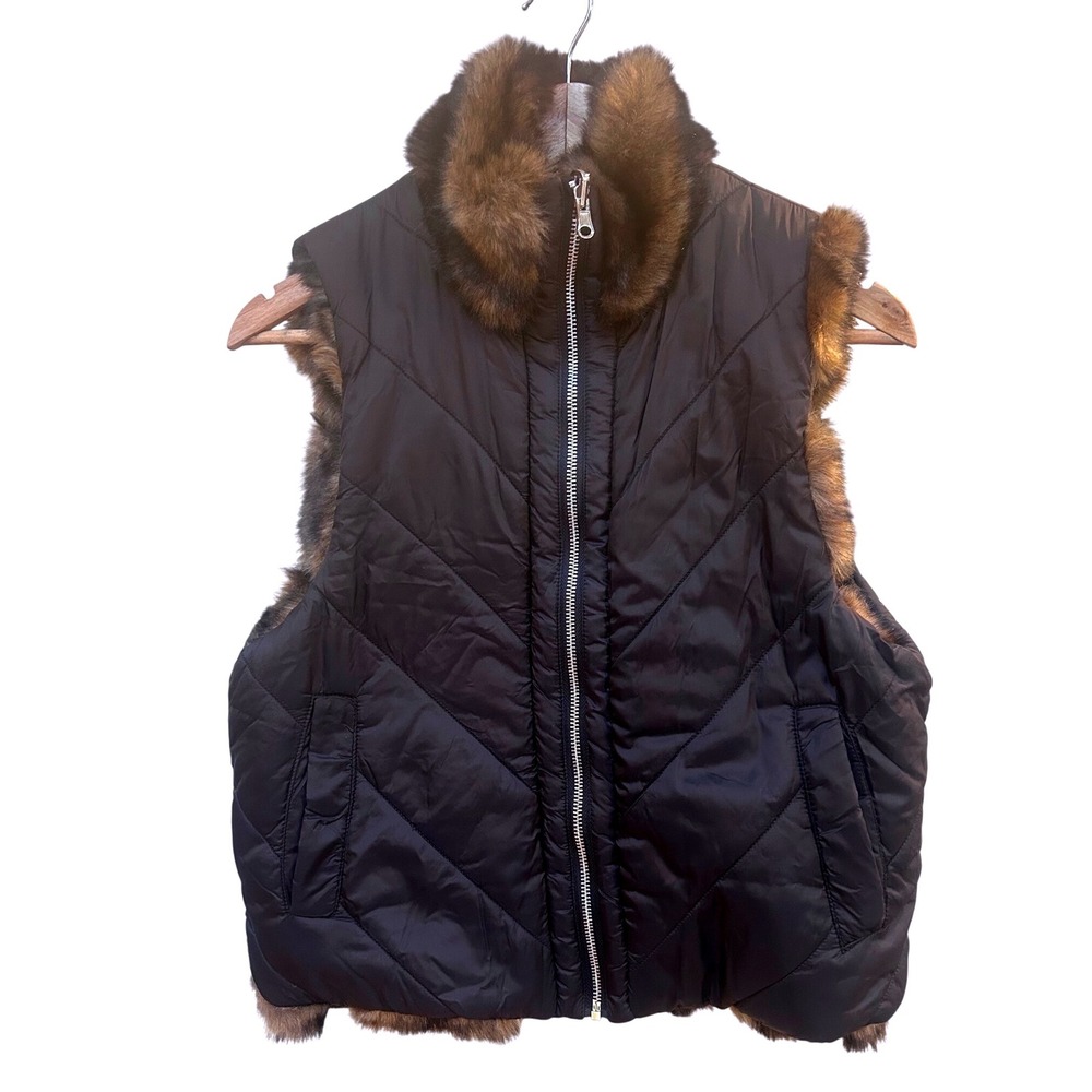 Donna Salyers Fabulous Furs Black Quilted Faux Fur Trim Vest‎ Women's Small